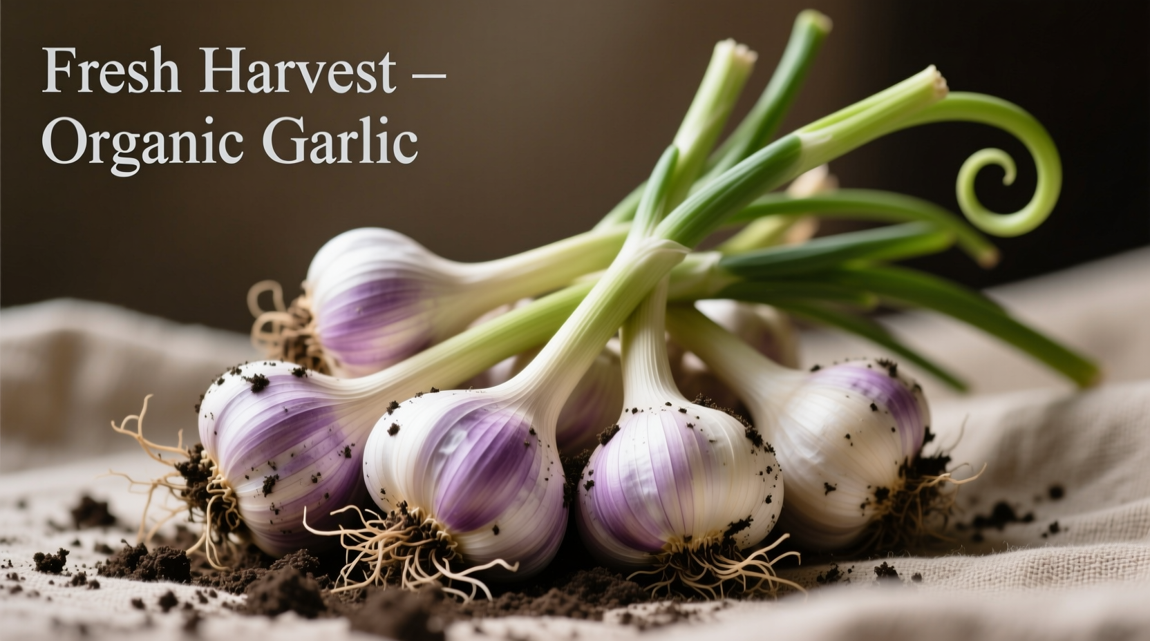 Freshly harvested softneck garlic bulbs with flexible stems