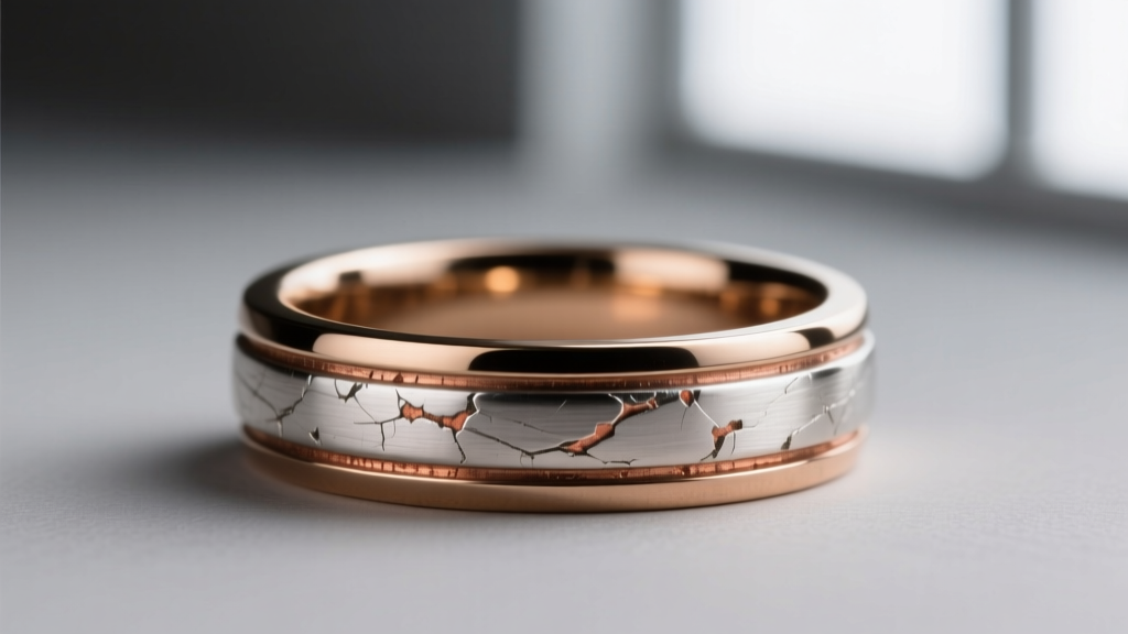 Macro photo of a brass-based silver plated ring showing micro-abrasions and copper bleed-through on the inner band, studio lit