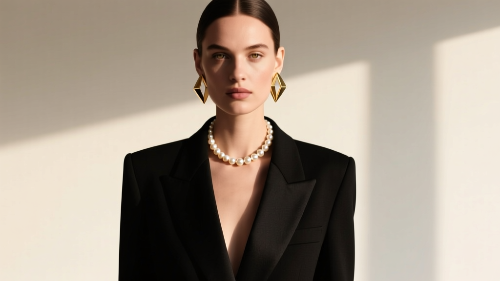 Model in black blazer wearing a delicate Jacque Peterson pearl choker and geometric gold ear cuffs in soft natural daylight
