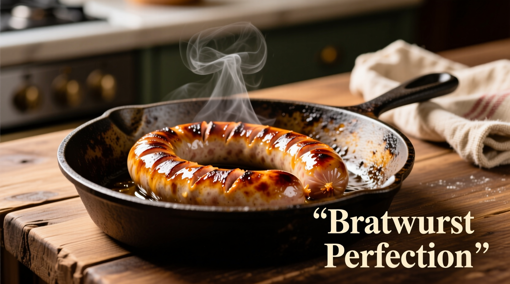Perfectly browned bratwurst in cast iron skillet