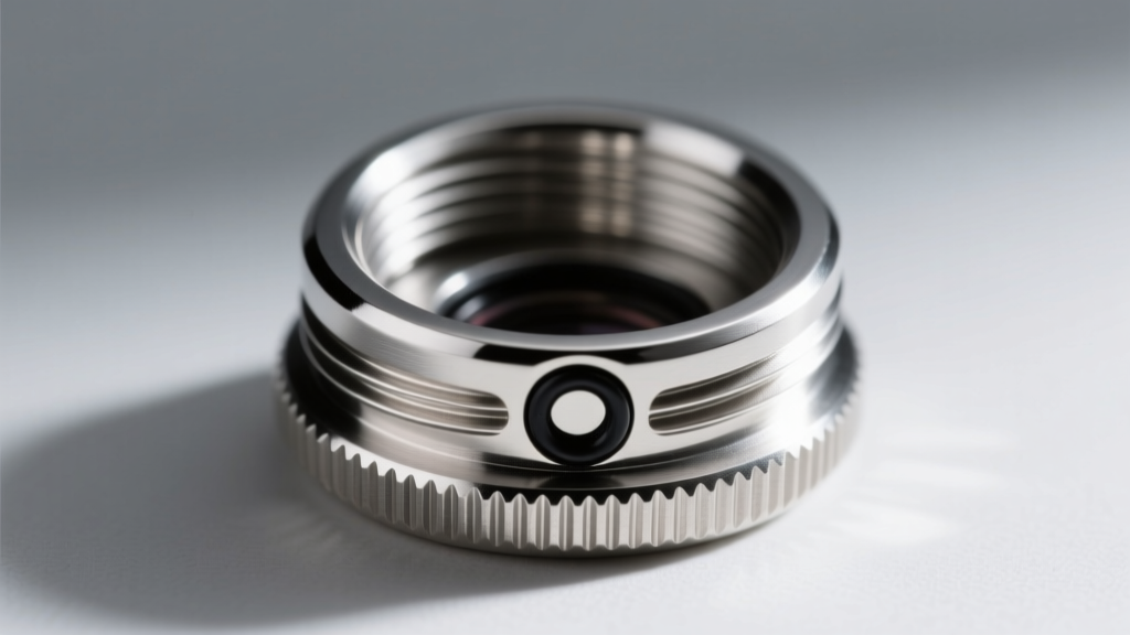 Macro view of a stainless steel cremation jewelry screw-top cap showing fine threading and a tiny black rubber O-ring seal
