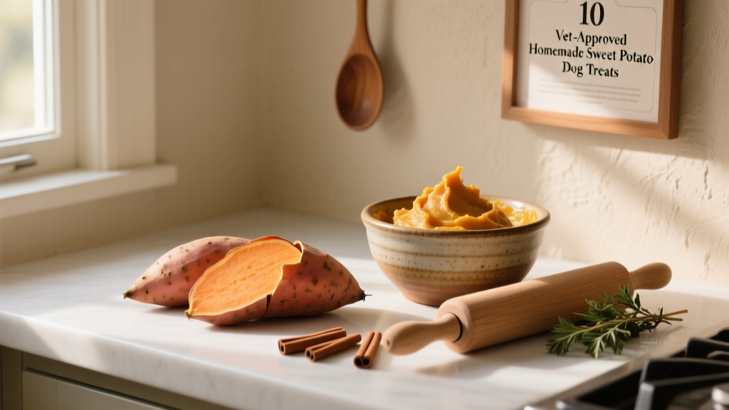 Fresh, peeled sweet potatoes on a clean kitchen counter next to a mixing bowl and rolling pin