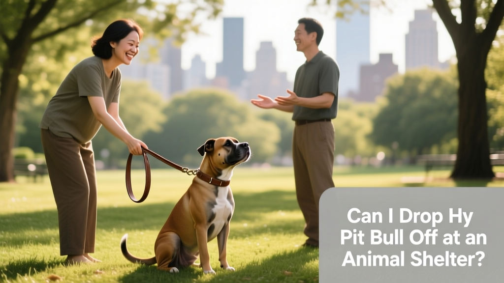 A smiling person handing a leash to another person as a pit bull sits calmly between them