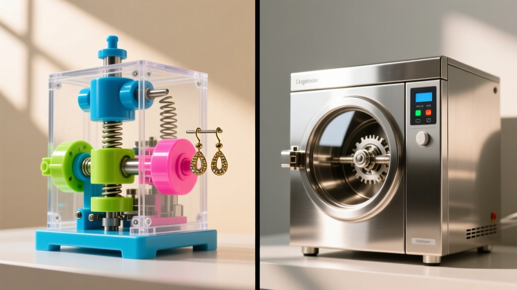 Split-screen of a plastic spring-loaded earrings machine on the left and a professional steel autoclave sterilizer on the right.