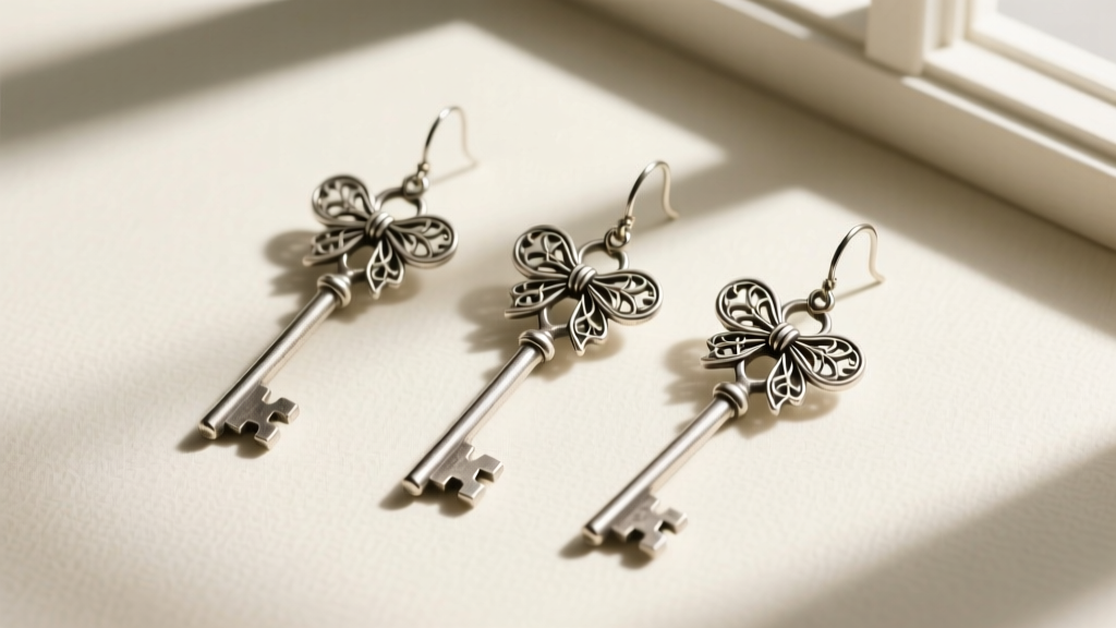 Flat lay of three neo-gothic key drop earrings in oxidized sterling silver, featuring intricate filigree bows and elongated stems.