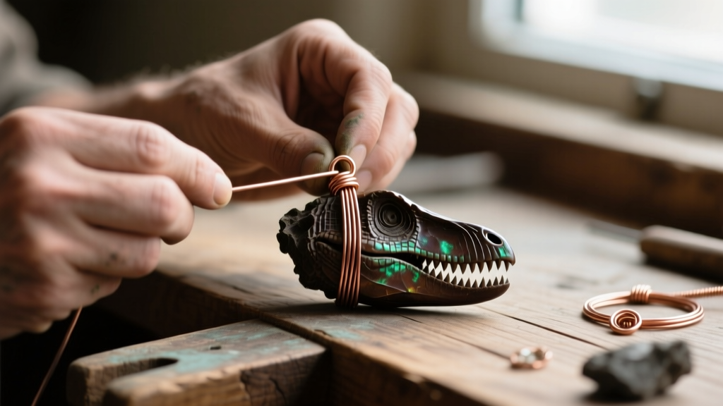 Artisan hands wire-wrapping a dark brown Mosasaurus tooth fossil with 20-gauge oxidized copper wire on a wooden jewelry bench.