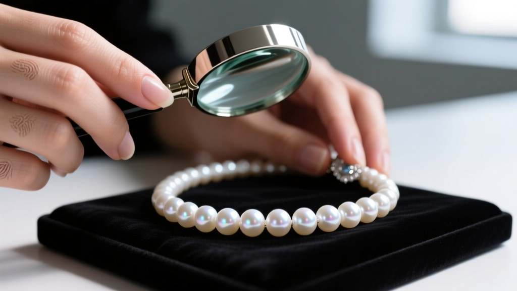Close-up of a jewelers hands using a loupe to inspect the luster of a white Akoya pearl necklace resting on a black velvet pad.