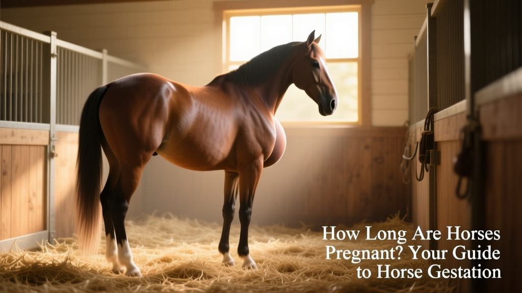 A calm, late-term pregnant mare standing in a clean, well-bedded stall with visible udder development and relaxed hindquarters