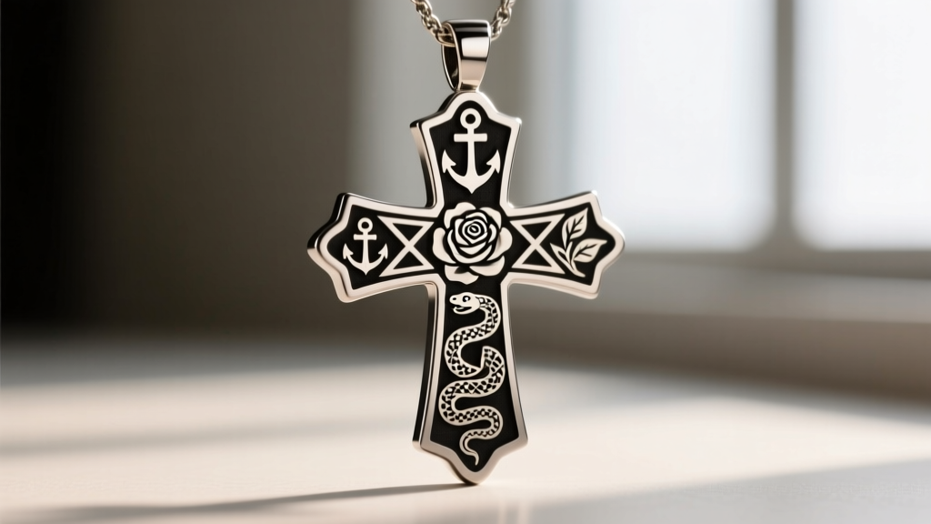 Macro shot of a titanium cross pendant featuring neo-traditional tattoo flash art laser-engraved into a brushed metal surface.