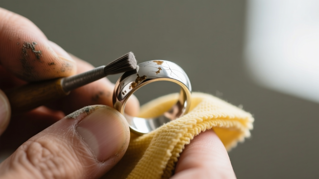 Close-up of a tarnished silver ring buffed with a yellow-treated jeweler