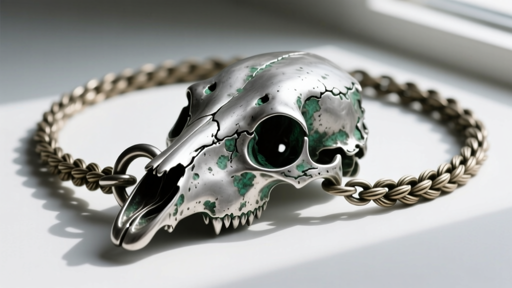 Thick wheat chain passing through a large bail on a pewter wolf skull necklace, showing a sturdy connection and oxidized metal.