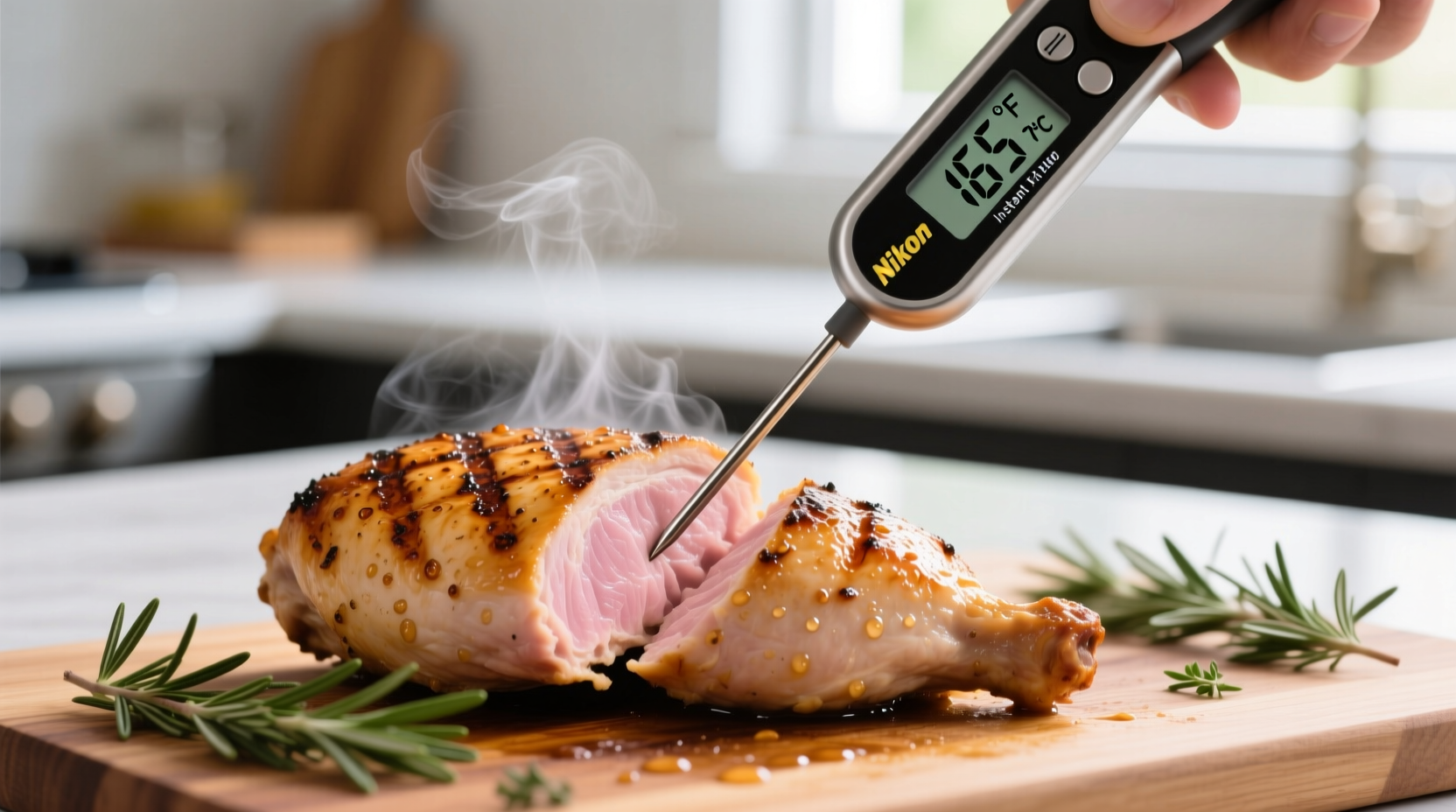 Instant-read meat thermometer checking chicken breast temperature