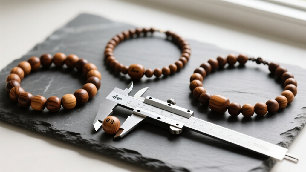 Three mens wooden bead necklaces on slate comparing 8mm, 10mm, and 12mm bead diameters with a steel caliper measuring tool