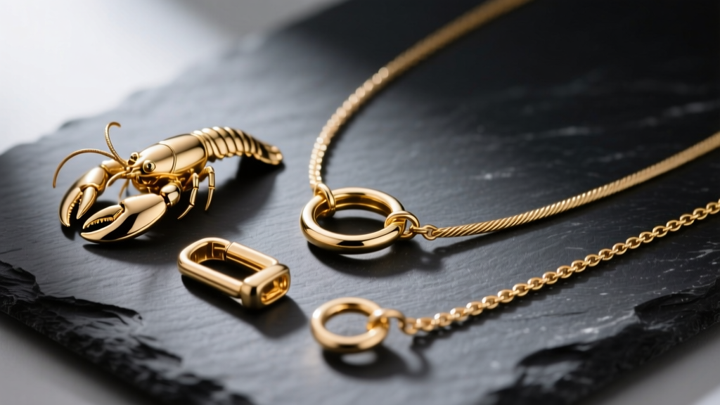 Macro photo of disassembled 18k gold necklace pieces including a lobster clasp, jump ring, and cable chain links on dark slate.