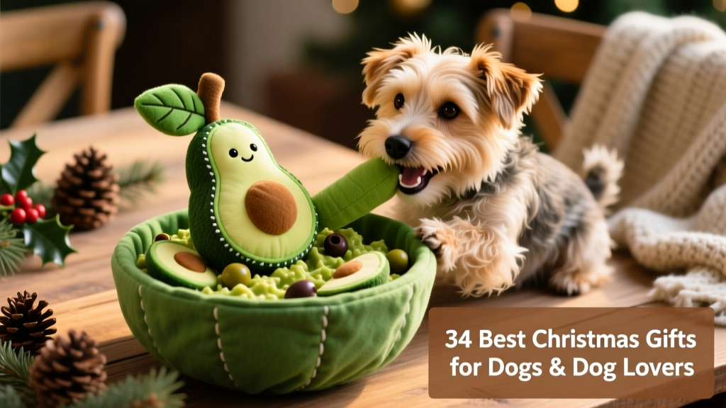 A happy terrier pulling a green plush avocado toy from a fabric guacamole bowl