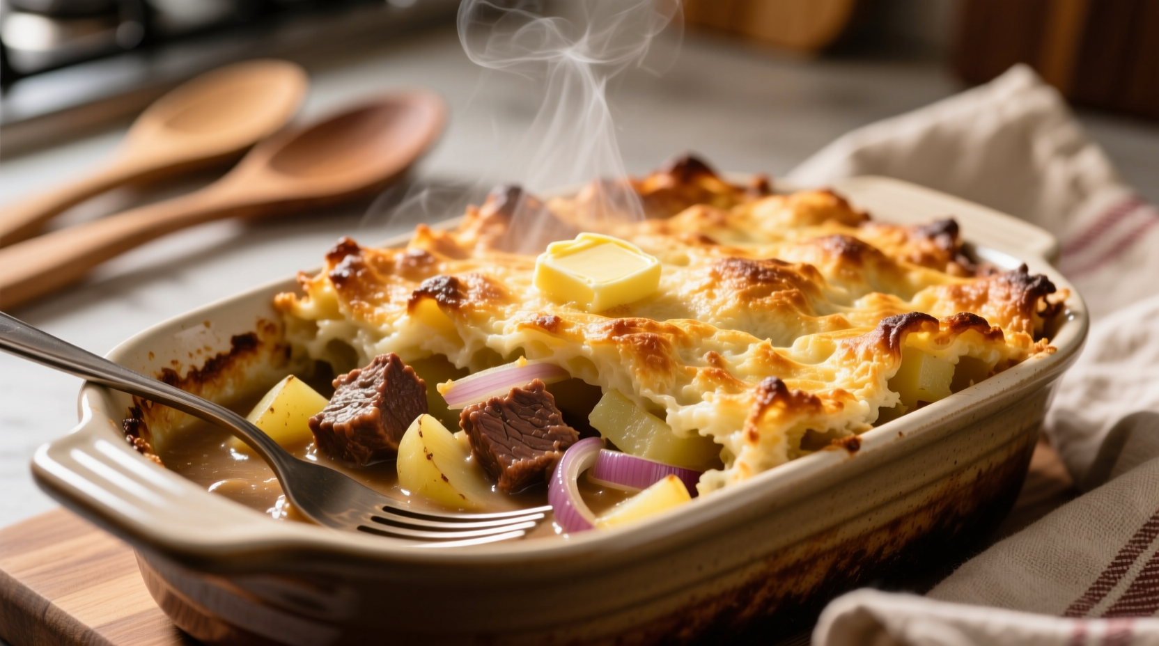Beef potato casserole golden brown top layer