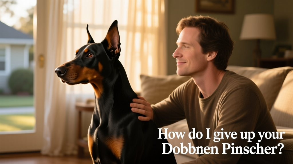 A calm, well-groomed Doberman Pinscher sitting attentively beside a caring adult