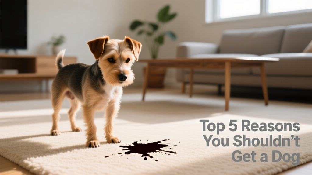 A small dog standing guiltily beside a fresh stain on light-colored carpet