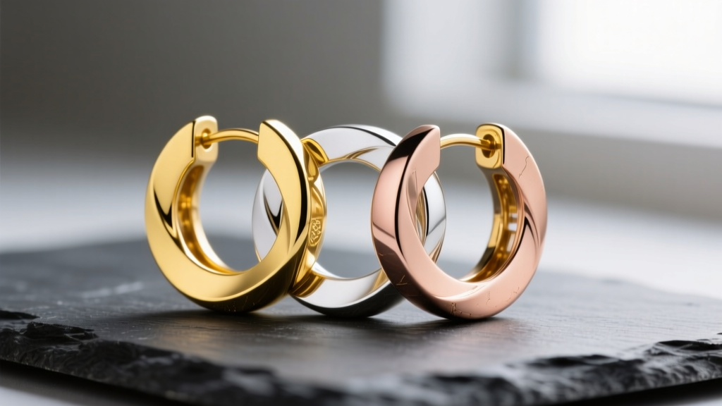 Close-up of 18k yellow, white, and rose gold interlocking hoop earrings on dark slate, softly lit to highlight metal textures.