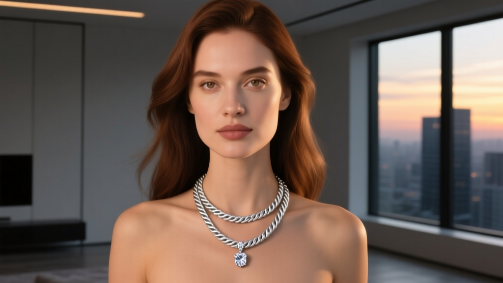 Woman wearing an 18-inch platinum rope twist necklace layered with a 16-inch diamond pendant in warm ambient evening light