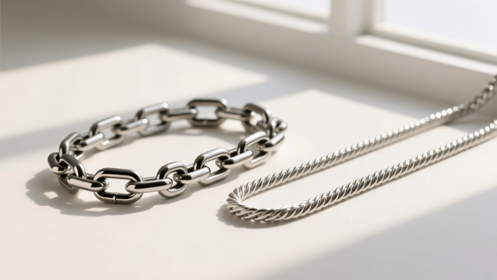 Titanium rolo chain beside sterling silver rope chain, showing contrasting matte and mirror finishes under soft studio lights.