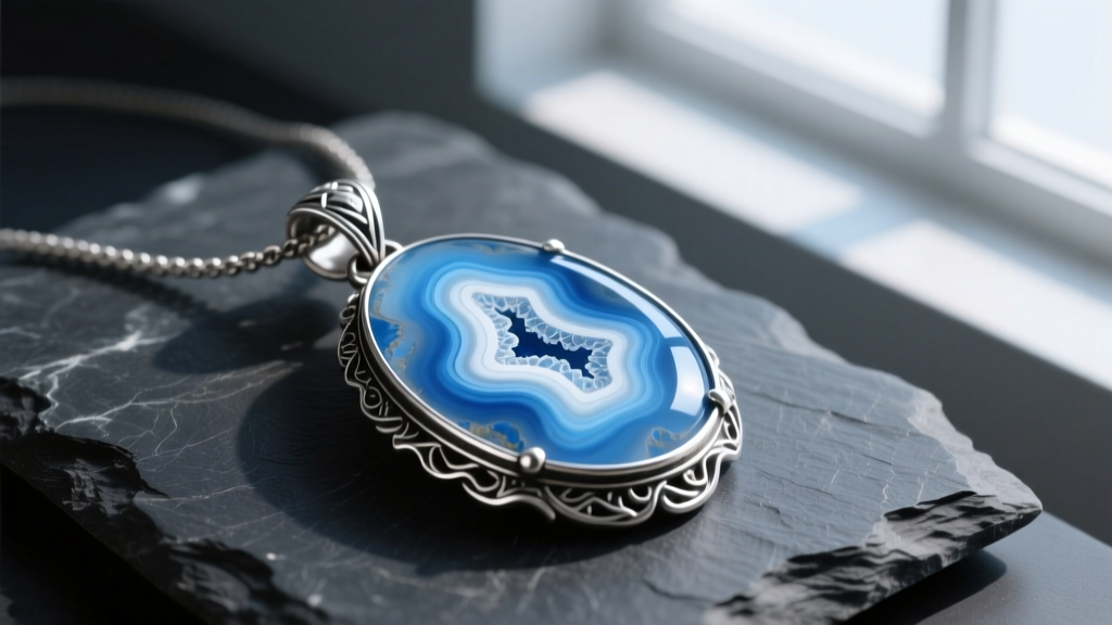 Natural blue lace agate pendant with distinct white and light blue banding, set in oxidized sterling silver bezel on dark slate