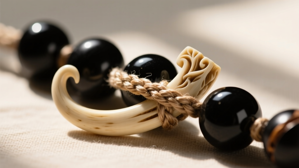 Macro shot of a carved bone hook clasp on braided waxed cotton cord, threaded through perfectly round, polished black kukui nuts.