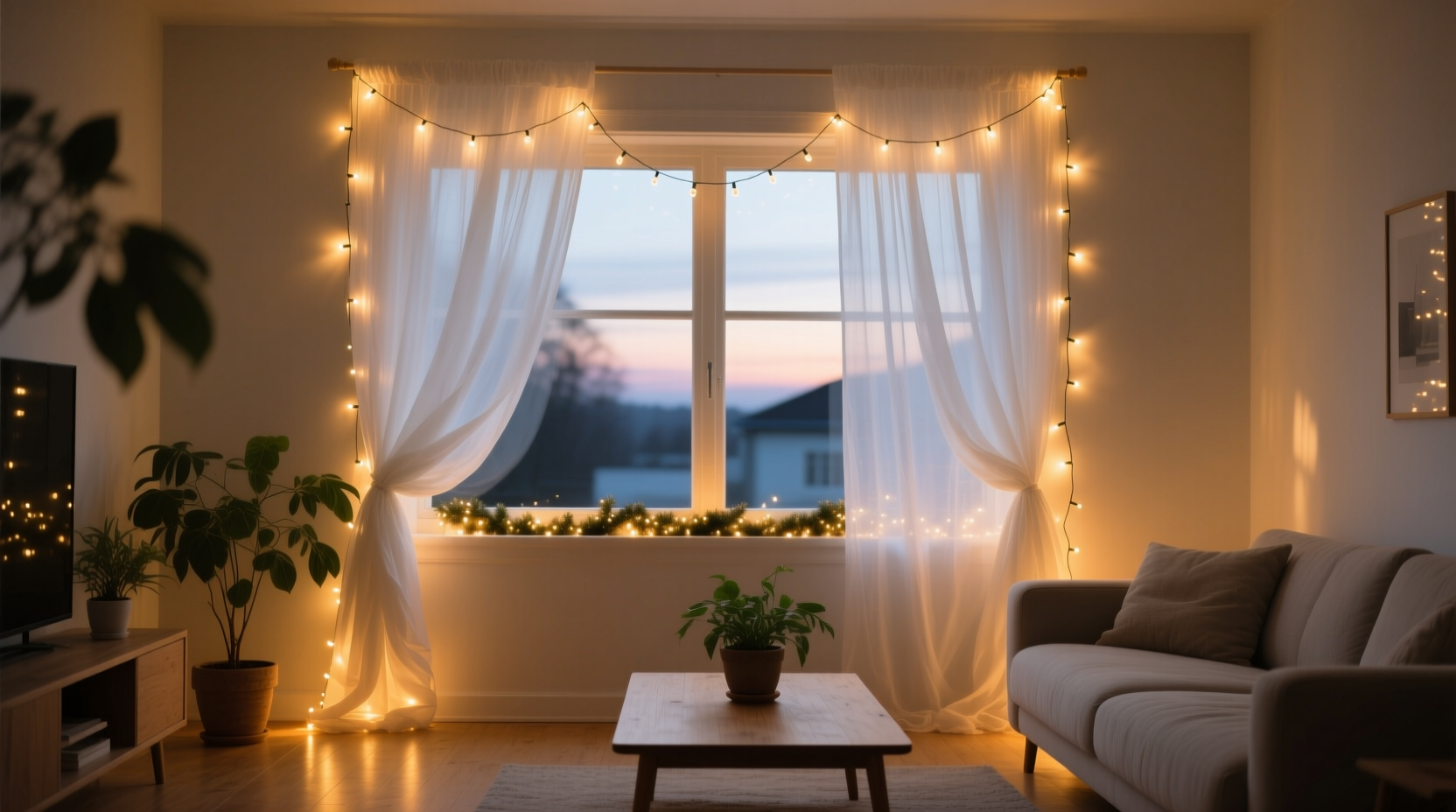 how to layer christmas lights with sheer curtains for a soft glow effect