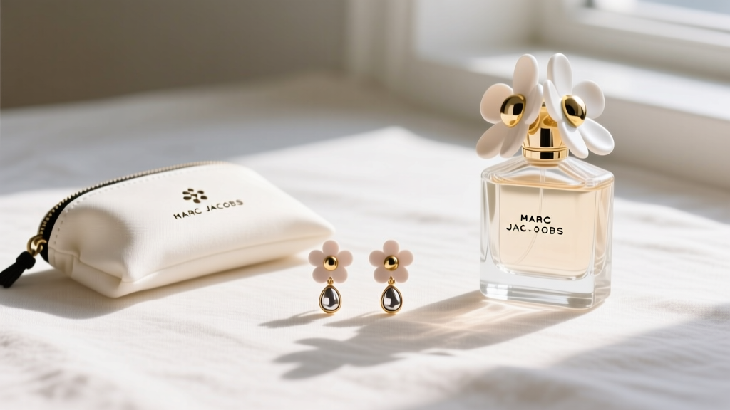 Flat lay featuring Marc Jacobs daisy drop earrings styled next to a glass Daisy perfume bottle and a branded microfiber pouch