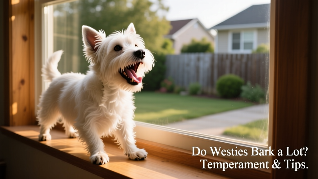 A Westie mid-bark at a window, paws on the sill, looking intently outside