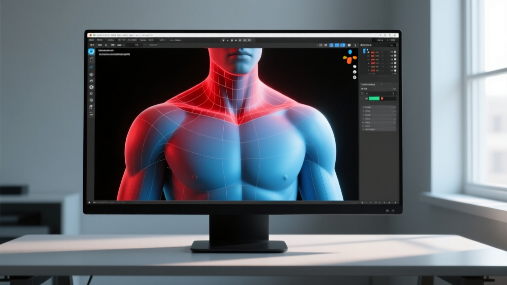 Blender 3D viewport displaying vertex weight painting of a male torso mesh, with red and blue gradients around the collarbone.