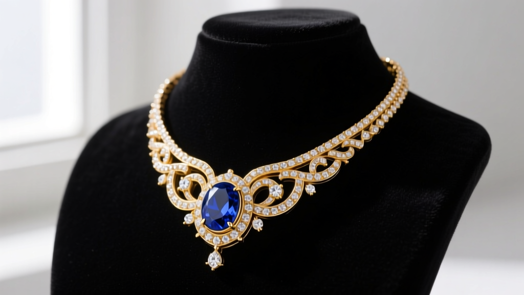 Custom 18k solid gold Anastasia replica pendant necklace with pave diamonds and sapphire cabochon centered on a black velvet bust