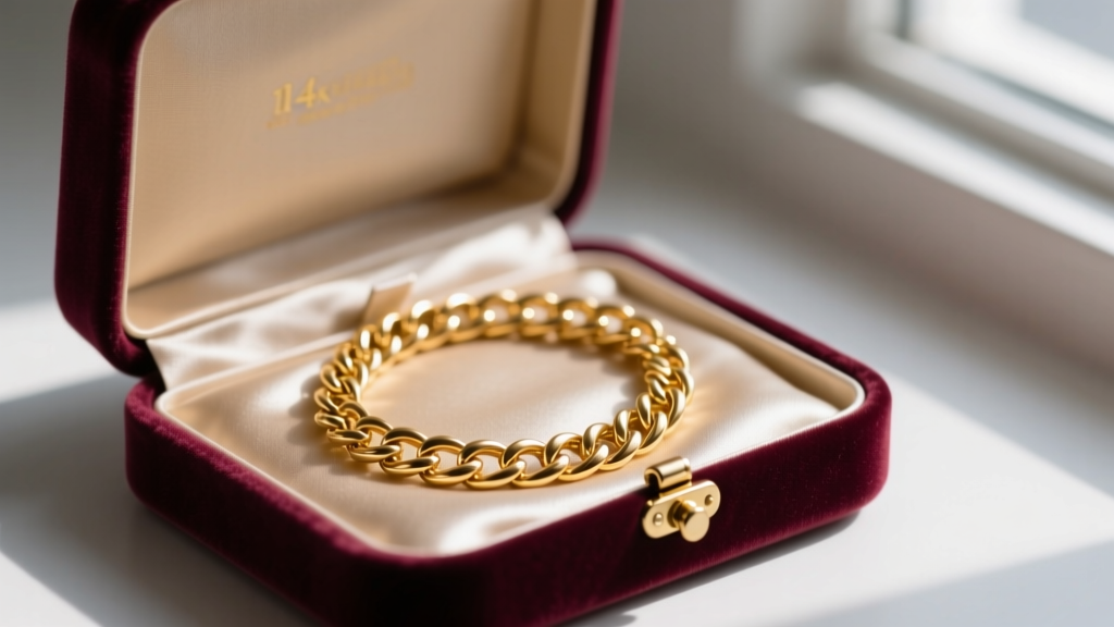 Open velvet travel jewelry box revealing a neatly coiled 14k gold box chain necklace with a magnetic clasp on satin.