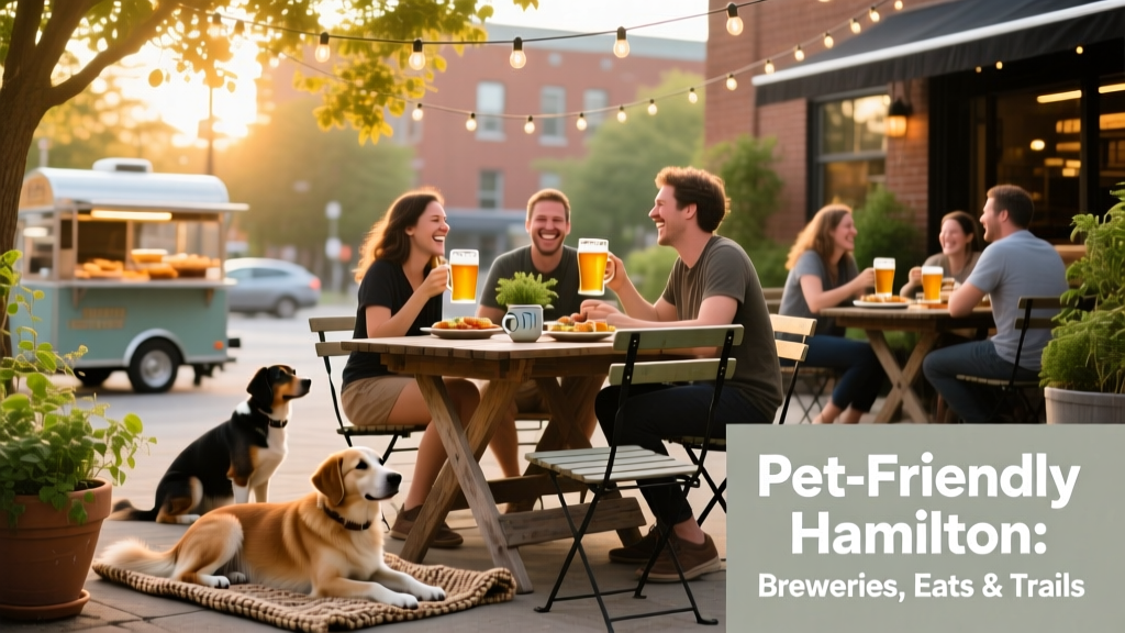 A cozy outdoor dining area at a Hamilton brewery with dogs resting near patrons’ feet and string lights overhead