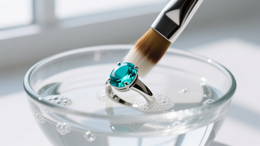 Soft brush cleaning a turquoise cabochon ring in a glass bowl of lukewarm soapy water under bright natural daylight.