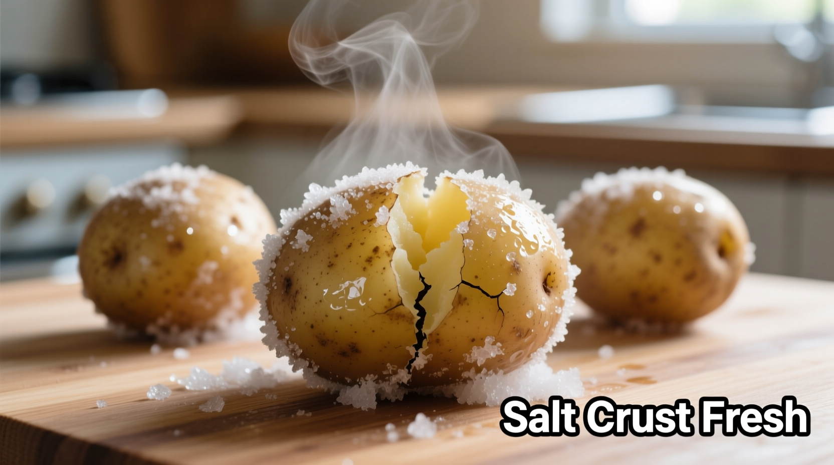 Freshly boiled salt potatoes with visible salt crust