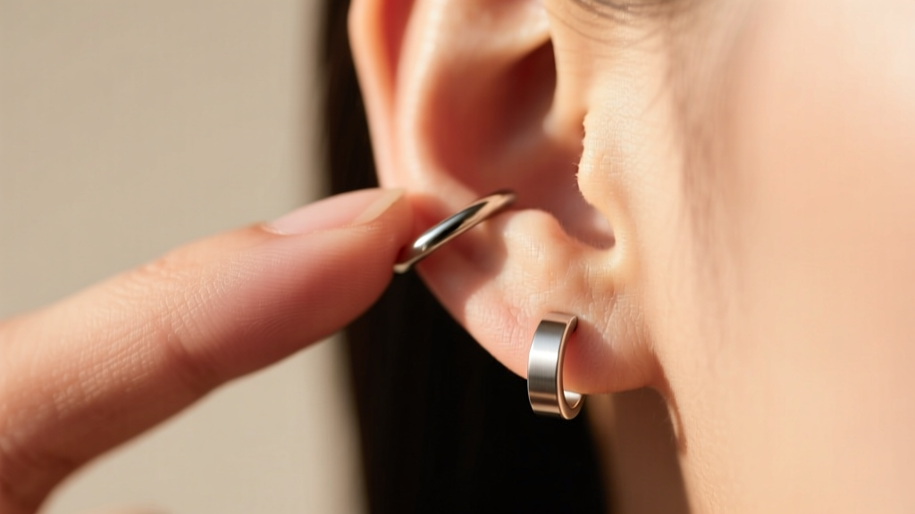 Fingers gripping a stuck 16-gauge titanium flat back earring on a cartilage piercing under soft warm lighting, macro