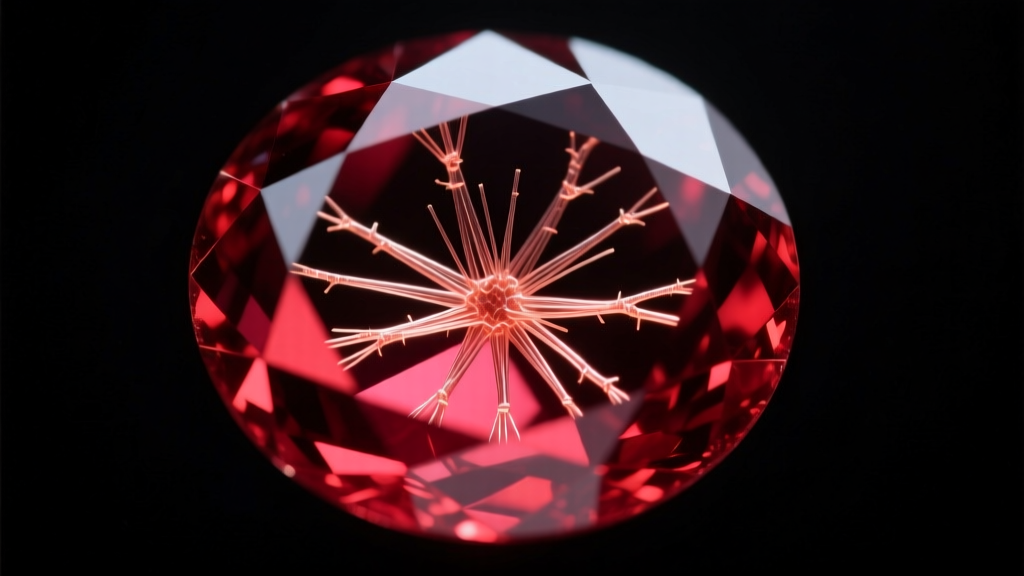 Microscope view showing rutile silk inclusions inside a natural unheated Burmese ruby, illuminated by darkfield lighting