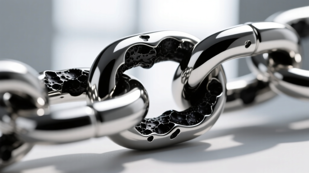 Macro shot of textured silver chain link showing deep black sulfide patina in crevices and high-polish edges.