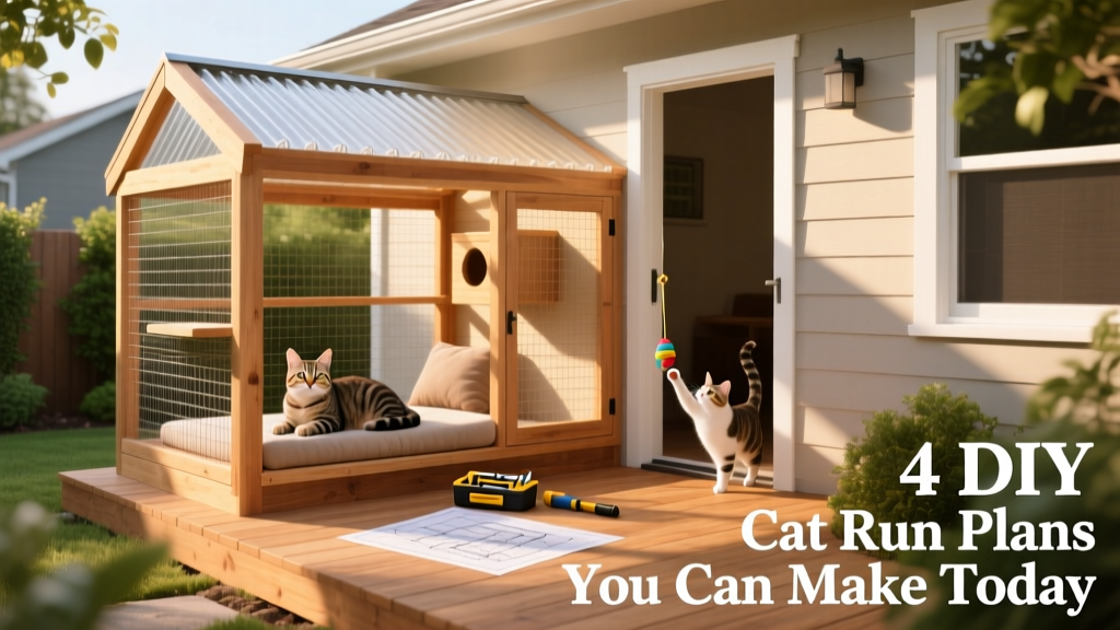 A sunny backyard with a cedar-framed catio attached to a house, featuring wire mesh walls and a clear corrugated roof