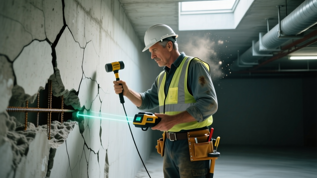 Structural engineer using a rebound hammer and ground penetrating radar to inspect a cracked, spalling concrete basement foundation wall