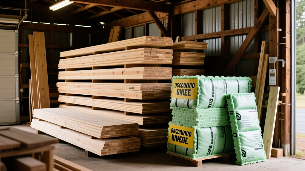 Stacks of discounted dimensional lumber and surplus fiberglass insulation batts inside a rustic Salem Oregon building materials salvage barn