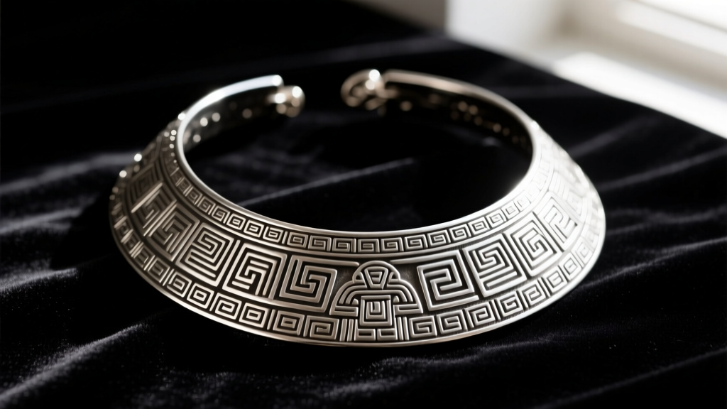 Close-up of vintage 950 Taxco silver gargantilla choker with intricate aztec-inspired geometric repousse patterns on dark velvet