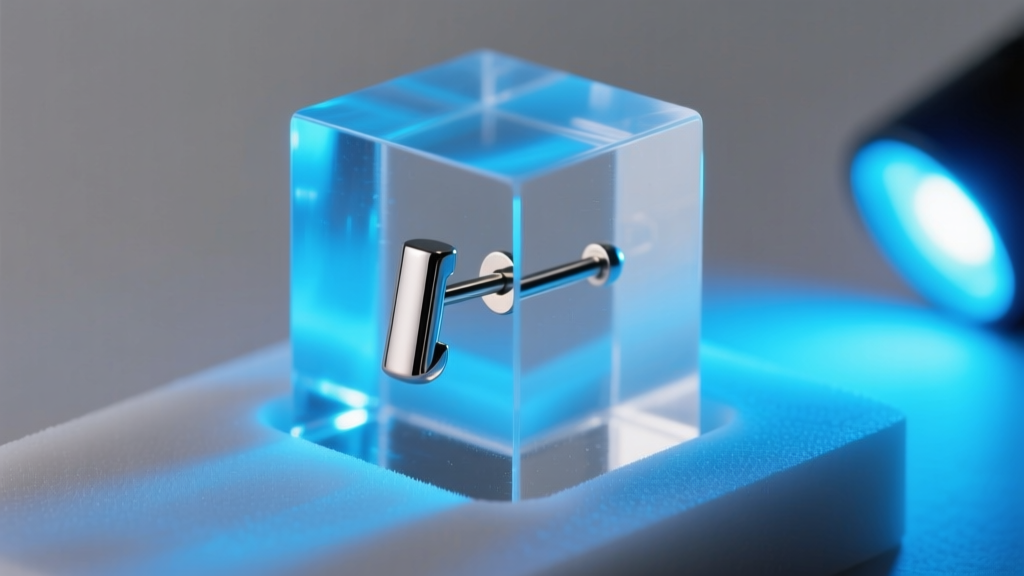 Macro shot of a titanium earring post embedded into clear UV resin inside a small silicone mold under a glowing UV lamp.