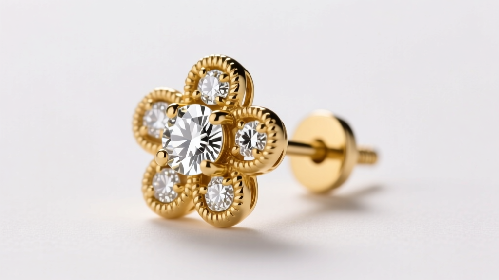 Side profile of a 14k yellow gold diamond clover earring showing the basket setting, 0.9mm post, and secure screw-back threading.