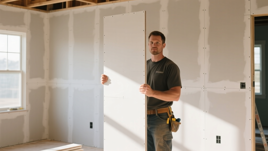 Contractor holding a standard half-inch gypsum board panel next to a finished taped drywall wall in a residential framing site