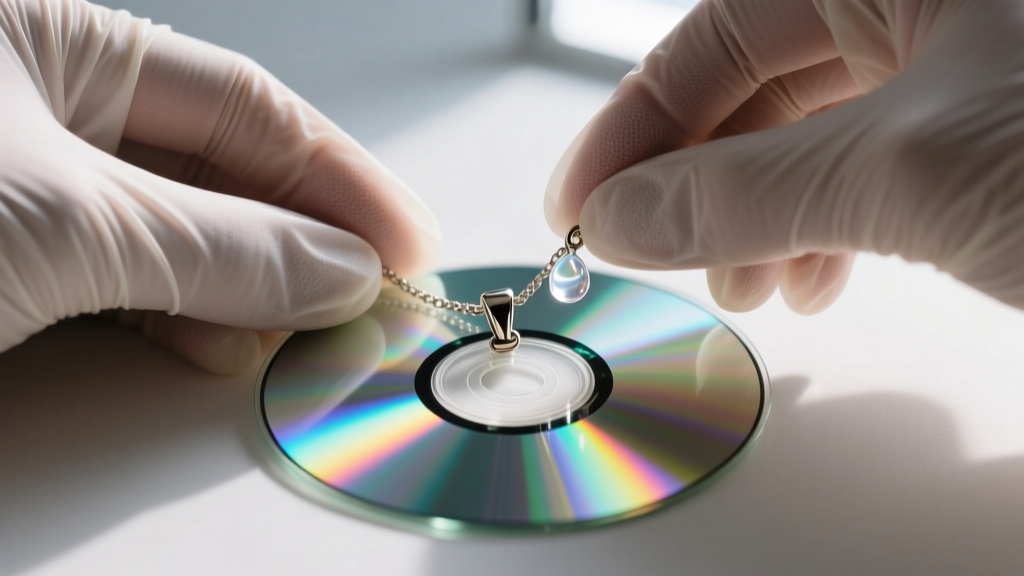 Hands wearing nitrile gloves carefully applying a drop of clear UV resin to the metal bail of a shiny compact disc necklace.