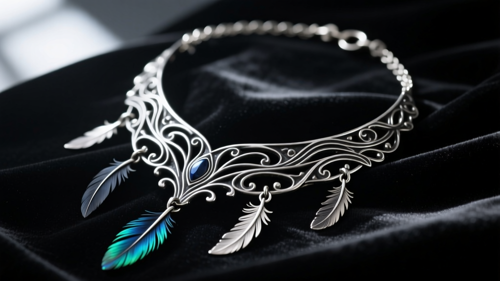 Close-up of gothic layered silver necklace with dark oxidized patina and raven feather charms on black velvet fabric