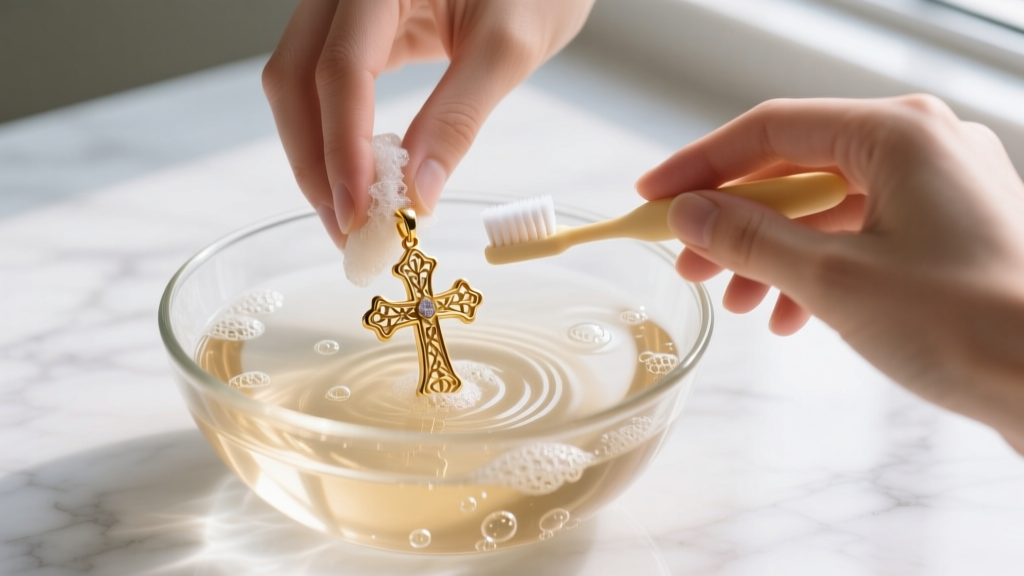 Hands gently scrubbing a delicate 18k gold cross pendant with an extra-soft baby toothbrush in a glass bowl of warm soapy water.
