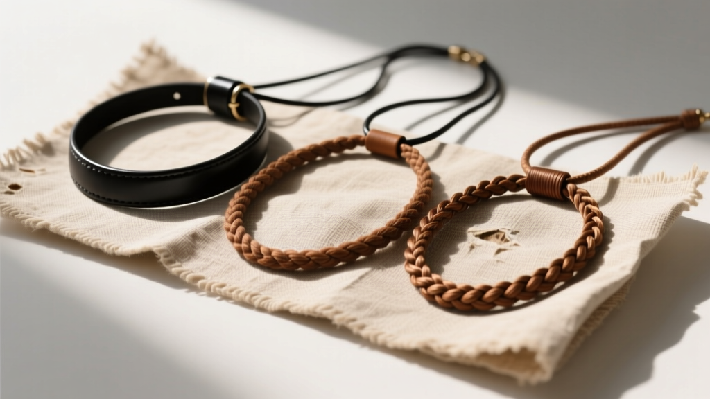 Flat lay of adjustable cord necklaces in black leather, brown waxed cotton, and braided silk resting on textured linen gift wrap.